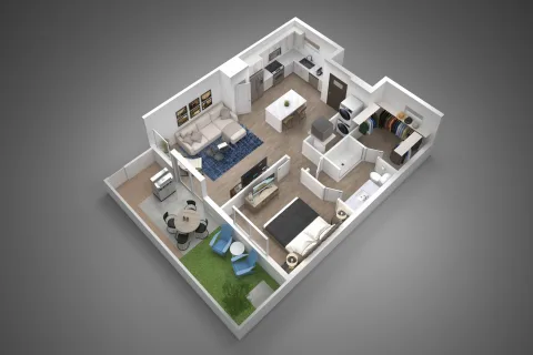Aspire 1bed 1 bath floorplan image 3D New pet-friendly apartment homes for rent with private fenced backyards in Arizona, Texas, Florida, and North Carolina with pool, pickleball, dog park, gym, clubhouse and gated community. *No breed or weight restrictions. Yardly