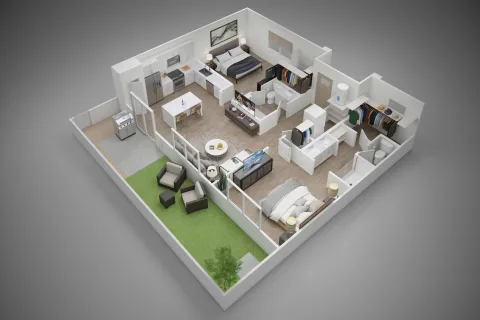 Elevate 2bed 2 bath floorplan image 3D New pet-friendly apartment homes for rent with private fenced backyards in Arizona, Texas, Florida, and North Carolina with pool, pickleball, dog park, gym, clubhouse and gated community. *No breed or weight restrictions. Yardly